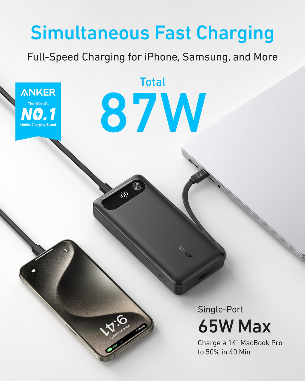 Anker fast charging power bank with 87W for laptops and phones