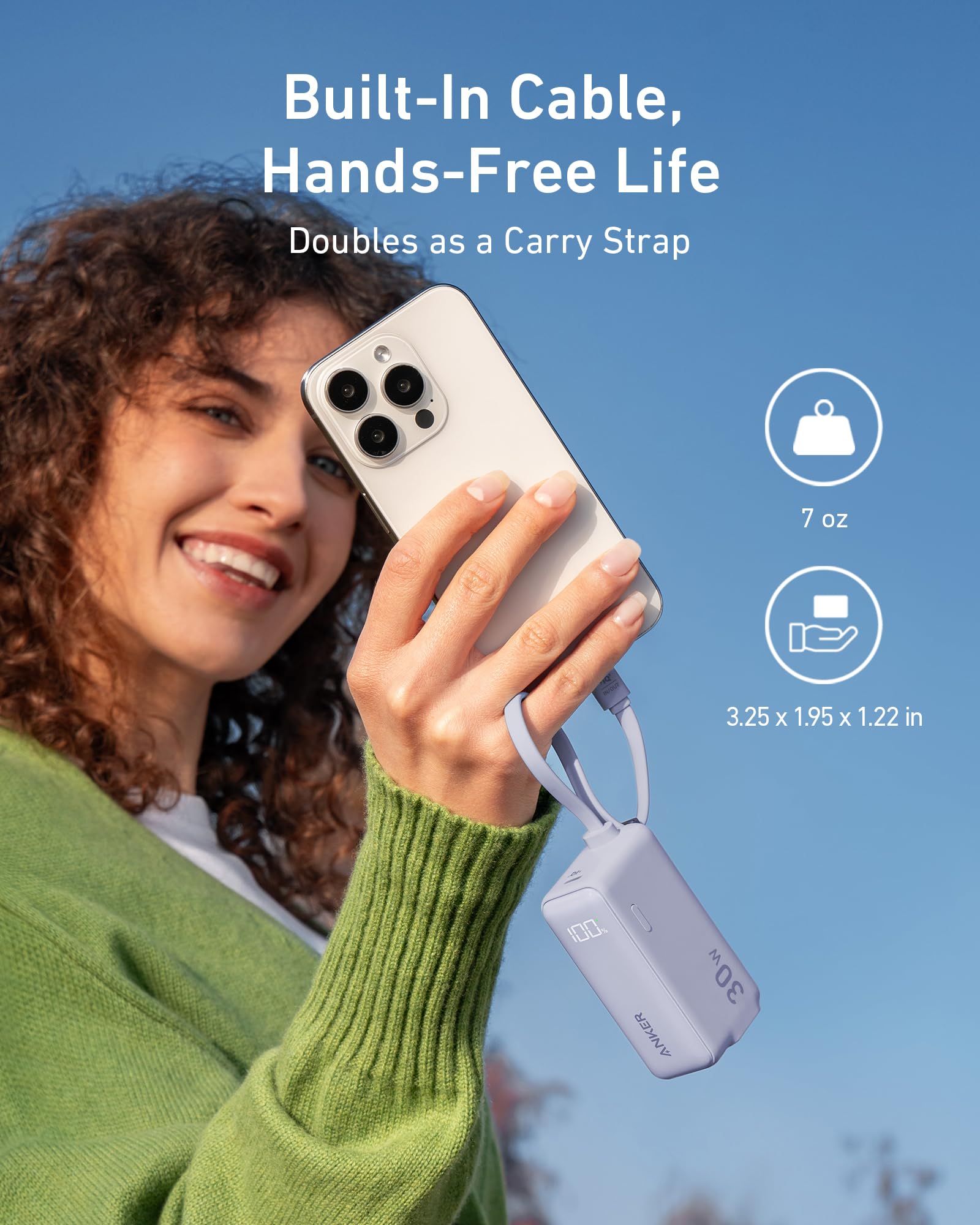 Anker Power Bank (30W, 5k, Fusion, Built-In USB-C Cable)